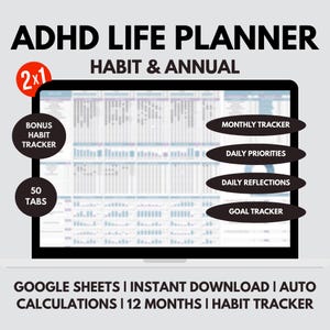 ADHD Life Planner Spreadsheet - Annual Planner, Habit Tracker, Productivity Goal Planner, Digital Calendar Google Sheets, To-Do List Tracker