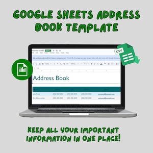 Pode incluir: Um laptop exibe um modelo de lista de endereços do Google Sheets. A tela mostra uma planilha com o título "Address Book" e informações de contato de exemplo. O texto "GOOGLE SHEETS ADDRESS BOOK TEMPLATE" está no topo. A imagem também inclui o texto "KEEP ALL YOUR IMPORTANT INFORMATION IN ONE PLACE!"