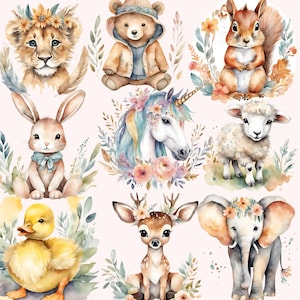 Boho Baby Doodle Clipart, Animal Watercolor Nursery PNG Bundle, Cute ...