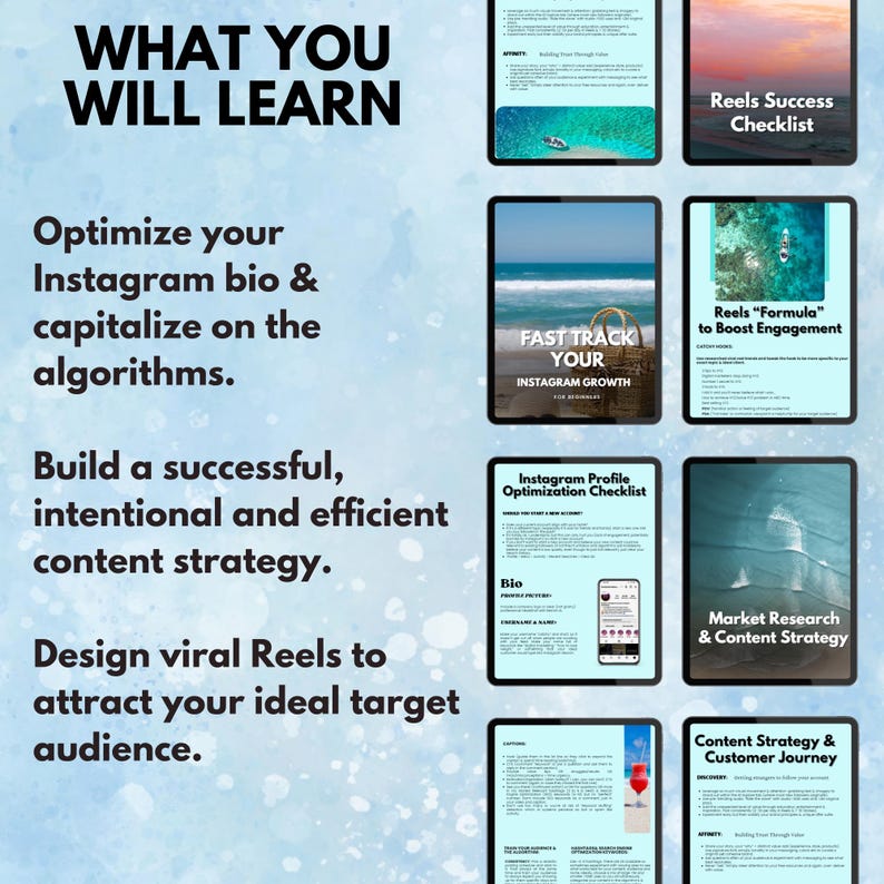 May include: A digital marketing guide with the title "WHAT YOU WILL LEARN" and bullet points about Instagram optimization, content strategy, and Reels design. The image includes several digital checklists and guides for Instagram growth.