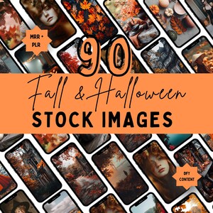 May include: A collection of smartphones displaying fall and Halloween-themed stock images. The image features an orange banner with the text "90 Fall & Halloween STOCK IMAGES". The phones showcase various autumn scenes and portraits.