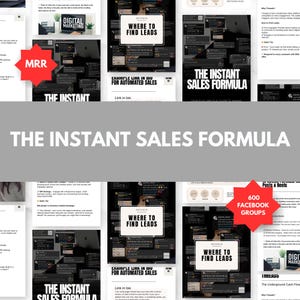 May include: A collage of images promoting "The Instant Sales Formula" with the text "Where to Find Leads" and "600 Facebook Groups" in red and white. The images are a mix of screenshots and graphics with a gray background.