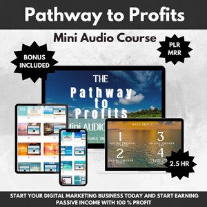 May include: A digital marketing course titled "The Pathway to Profits" with a bonus included. The course is a mini audio course that teaches how to start a digital marketing business and earn passive income. The course is 2.5 hours long and includes four modules: Selling Through Stories, Selling Through Reels, Selling Through DMs, and Selling Through Carousel Posts.