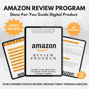 May include: A digital product guide for the Amazon Review Program, also known as the Amazon Influencer Program or Associates Program. The guide is titled "Amazon Review Program" and features a yellow star with the text "Bonus Included" and another yellow star with the text "45% Discount". The guide promises to help users make true passive income with every review video.