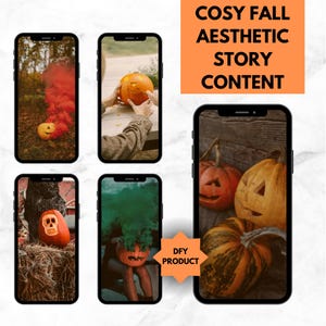 Cozy fall aesthetic digital content bundle with faceless autumn photos, reels, and Thanksgiving stock images. Warm-toned cozy autumn flat lay with pumpkins, candles, and faceless aesthetic for social media branding. Faceless cozy fall woman holding coffee, wearing sweater with autumn leaves, perfect for emotional branding. Vertical fall aesthetic Instagram Reels template for Thanksgiving or Halloween social content.
