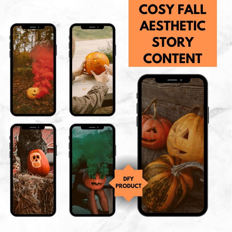 Cozy fall aesthetic digital content bundle with faceless autumn photos, reels, and Thanksgiving stock images. Warm-toned cozy autumn flat lay with pumpkins, candles, and faceless aesthetic for social media branding. Faceless cozy fall woman holding coffee, wearing sweater with autumn leaves, perfect for emotional branding. Vertical fall aesthetic Instagram Reels template for Thanksgiving or Halloween social content.