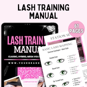 May include: A lash training manual with the text "LASH TRAINING MANUAL" in large black letters. The manual includes lash mapping diagrams and is 61 pages long. The manual covers classic, hybrid, and mega volume lash styles.