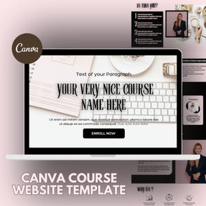 May include: A laptop displays a Canva course website template with the text "YOUR VERY NICE COURSE NAME HERE." The design includes a keyboard, notebook, and the "ENROLL NOW" button. The background is a soft pink.