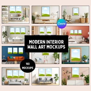 May include: A collection of interior design mockups featuring framed wall art. The images showcase various room settings with different styles, including living rooms and dining areas. The art pieces display a landscape scene with a blue sky and green hills.