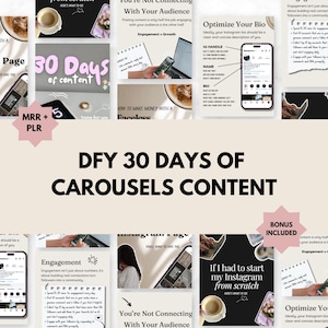 May include: A collage of images with tips for growing your Instagram audience. The images include text such as "You're Not Connecting With Your Audience", "Optimize Your Bio", "Engagement", "How to Make Money With a Faceless Business", "30 Days of Content", "If I Had to Start My Instagram From Scratch", and "Bonus Included".