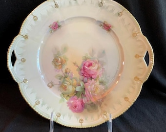 Vintage Servierplatte aus Porzellan mit rosa Rosen und Goldrand