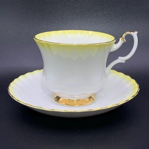 Vintage Royal Albert Rainbow Yellow Footed Teacup and Saucer Bone China England Yellow and White with Gold Trim