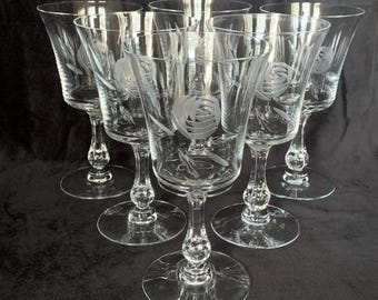 Fostoria Rose Water Goblets Wine Glasses Cut Glass Etched Rose 6 3/4"