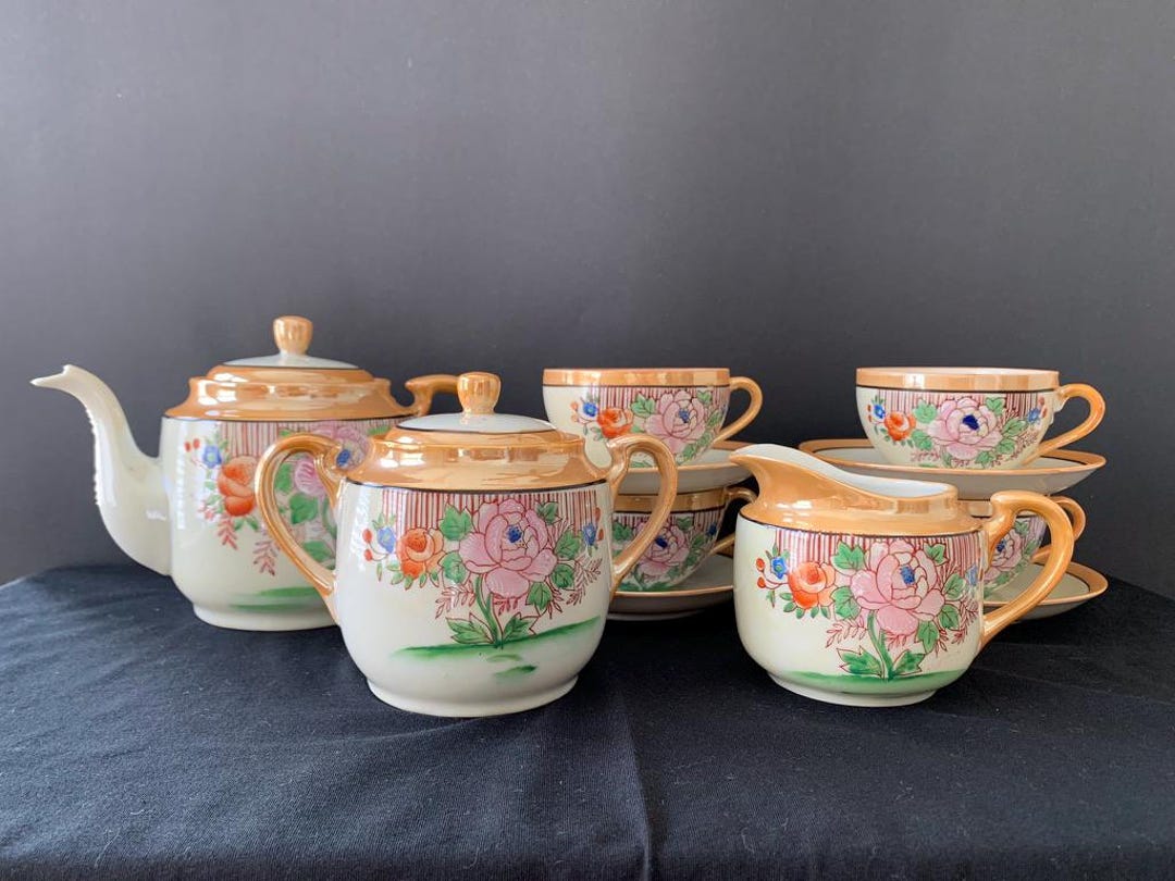 Luster Tea Set Japanese Lusterware Tea Set: Hand-painted Roses, Ivory & Orange - Etsy UK