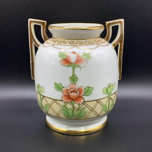 Antique Nippon Morimura Double-Handled Vase White with Gold Trim and Flowers