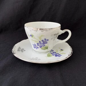 Vintage Bone China Demitasse with Violets or Forget-Me-Nots and Silver Trim Unmarked