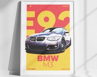 Póster del BMW M3 E92, póster de BMW, Alemania, arte mural, decoración de pared, descarga digital, póster vertical, póster de coche, póster retro, arte constructivista