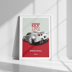 Puede incluir: Un p&oacute;ster blanco de Nissan GT-R con fondo rojo. El coche se muestra desde atr&aacute;s y el texto "NISSAN GT-R" est&aacute; en letras rojas. El texto "#1 Rocket Bunny" tambi&eacute;n est&aacute; en el p&oacute;ster.