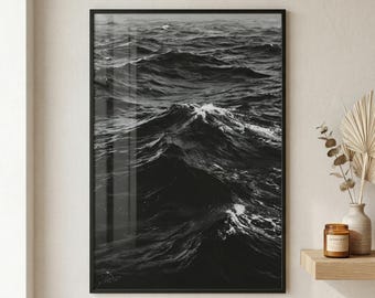 Estampado de olas oceánicas oscuras / Paisaje marino melancólico en blanco y negro (Descarga digital)