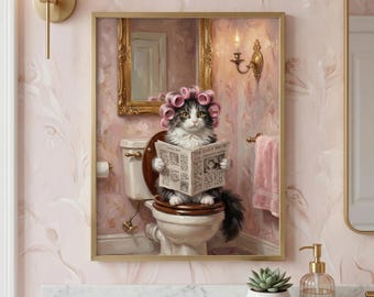 Funny Cat Toilet Reading Newspaper Print | Pink Maximalist Bathroom Art ...