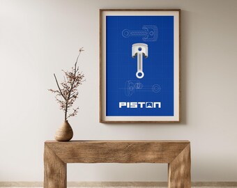 Póster digital de plano de pistón, impresión artística de ingeniería automotriz, arte mural minimalista de mecánico para garaje, decoración de oficina y decoración del hogar.