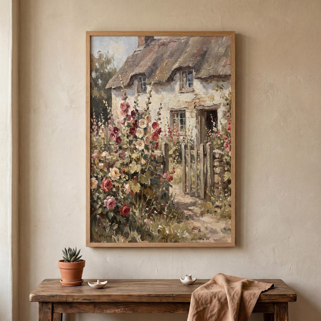 English Cottage Oil Painting Print | Vintage Garden Wall Art (digital ...