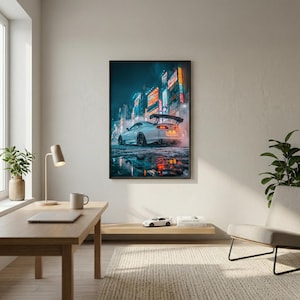 May include: Framed art print showing a white sports car with a rear spoiler, parked on a wet street at night. The background features illuminated buildings with neon signs, reflecting in the water. The car's taillights glow, creating a dramatic scene.