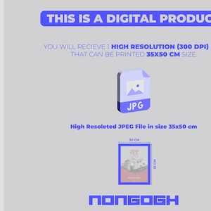 Puede incluir: Una ilustraci&oacute;n de un producto digital que muestra los pasos para comprar y descargar un archivo JPG de alta resoluci&oacute;n que se puede imprimir en 35x50 cm. La imagen muestra una ilustraci&oacute;n azul y blanca de una pantalla de computadora con la palabra "JPG" en ella. La imagen tambi&eacute;n muestra una ilustraci&oacute;n azul y blanca de una impresora y un marco.