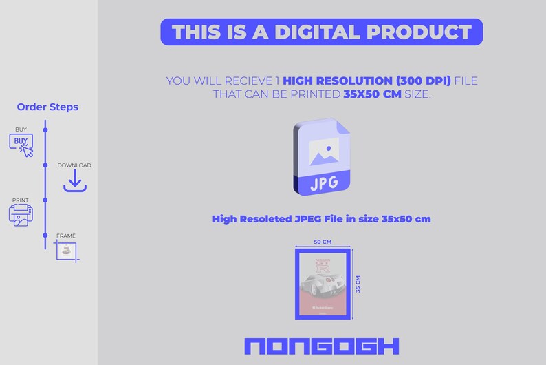 Puede incluir: Una ilustraci&oacute;n de un producto digital que muestra los pasos para comprar y descargar un archivo JPG de alta resoluci&oacute;n que se puede imprimir en 35x50 cm. La imagen muestra una ilustraci&oacute;n azul y blanca de una pantalla de computadora con la palabra "JPG" en ella. La imagen tambi&eacute;n muestra una ilustraci&oacute;n azul y blanca de una impresora y un marco.