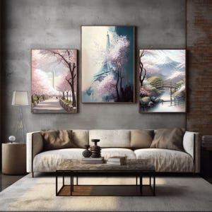 Fleurs de cerisier du monde entier : Washington DC, Kyoto, Paris, paysages urbains pastel, collection d'art mural sur le thème des Sakura, téléchargement numérique