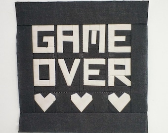 Game Over PDF Pattern Foundation Paper Piecing | Retro Design FPP Gamer Block | Instant Download | Size 6x6 9x9 12x12 inches
