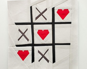 Tic Tac Toe Hearts PDF Paper Piecing Pattern | Retro Design FPP Quilting Block | Instant Download | 6x6 9x9 12x12 inches