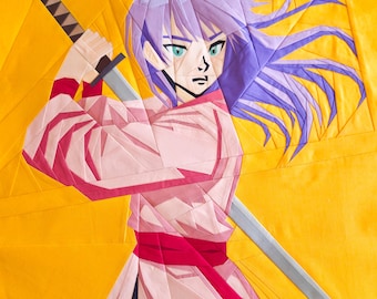 Anime Heroine Pattern Foundation Paper Piecing | Manga Warrior Girl Quilting Block FPP | Instant Download | 20x20 inch Size