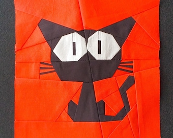 Black Cat Halloween Digital Paper Piecing Pattern | Downloadable PDF | Cat Silhouette FPP | Quilt Block | Sizes 6x6 9x9 12x12 inch