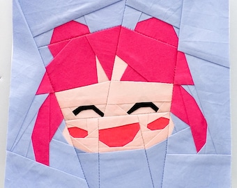 Smiling Anime Foundation Paper Piecing Pattern | Manga Style FPP Quilting Block | Instant Download | Sizes 6"x6", 9"x9", 12"x12"