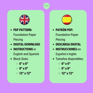 May include: A green and white digital download pattern for a quilt or other sewing project. The pattern includes instructions in English and Spanish. The pattern is available in three sizes: 6 inches by 6 inches, 9 inches by 9 inches, and 12 inches by 12 inches.