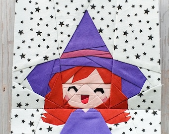 Witch PDF Foundation Paper Piecing Pattern | Halloween FPP Quilt Block | Instant Download | Sizes 6"x6", 9"x9", 12"x12"