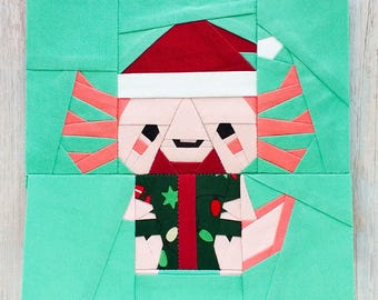 Christmas Axolotl PDF Foundation Paper Piecing Pattern | Christmas FPP Quilt Block | Instant Download | Sizes 6"x6" 9"x9" 12"x12"