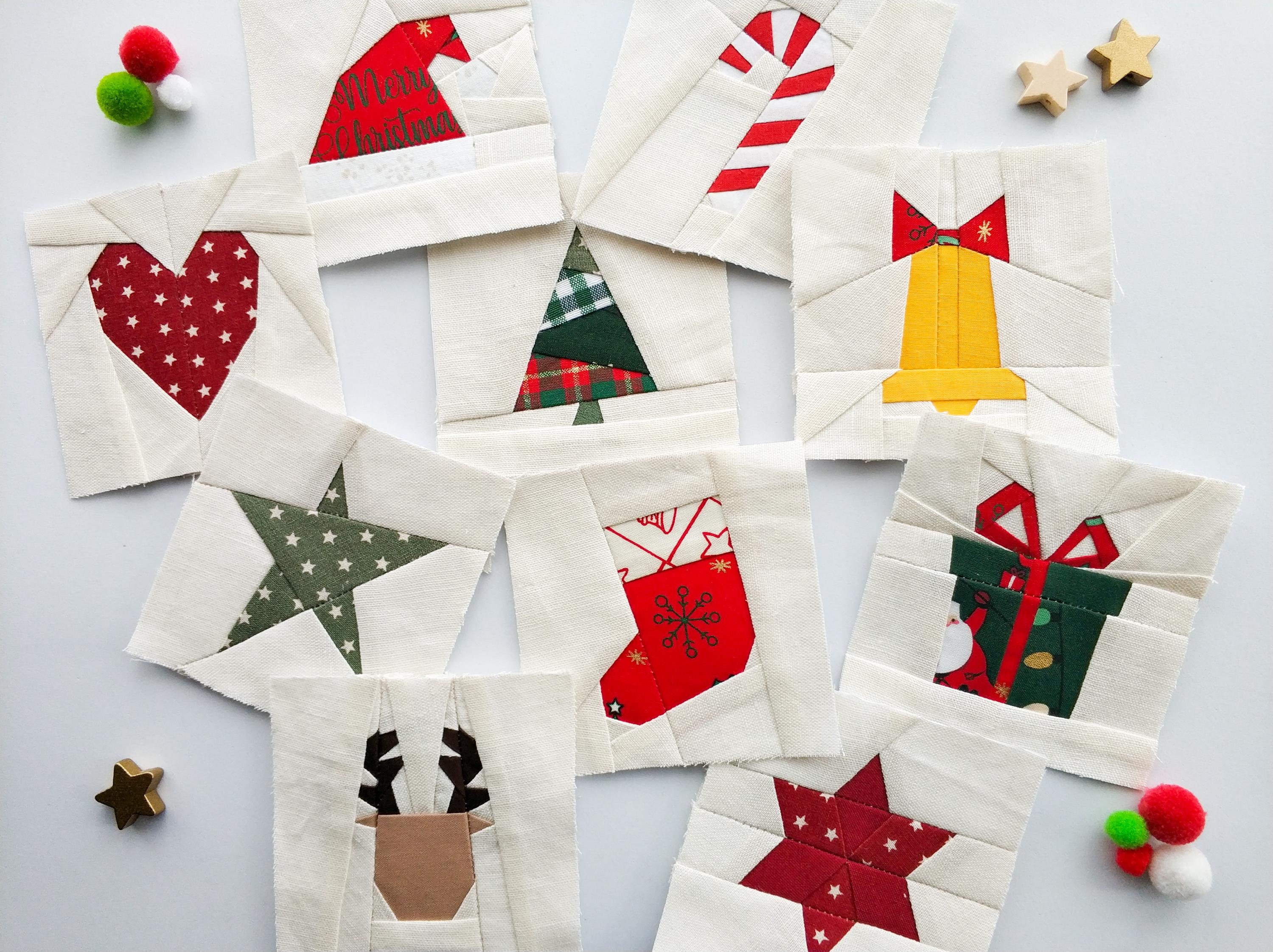 FPP Christmas Ornaments Set | Pack of 10 Mini Christmas Paper Piecing Patterns in PDF | Small Quilting Blocks | Size 3x3 4x4 inch