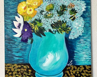 Flowers In Blue Vase Acrylic Painting