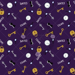 May include: A seamless pattern featuring a purple background with repeating images of keys, locks, magnifying glasses, clocks, and the word "ESCAPE".