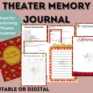 Puede incluir: Un libro de recuerdos de teatro rojo con detalles dorados y el texto "My Theater Memory Book". El diario incluye páginas para títulos de espectáculos, autógrafos y notas de los miembros del elenco. También se ve el texto "Great for Performing Theater Students!"