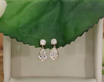 2.5 Carat Diamond Earrings, 14k yellow gold Lab grown Diamond Earrings, Pear & Round Dangle Studs, Pear drop earring, gift for wife.
