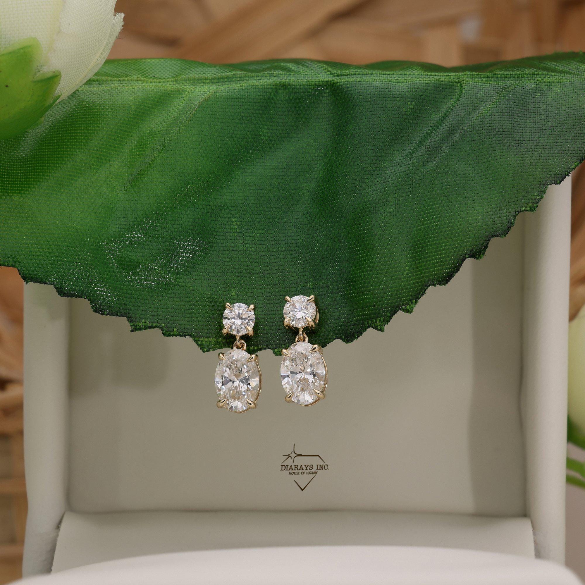 2.5 Ct Lab Grown Diamond Earrings, 14K Yellow Gold Oval & Round Dangle Studs, Drop Earrings, Wedding Jewelry Gift for Wife