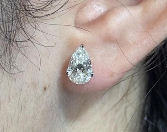 2 CT Pear Brilliant Lab Grown diamond Stud Earrings, 14k White Gold Stud Earrings, 3-Prong Push Back Stud, Gift for mother, wife, daughter.