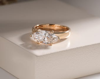 Diamanten ring East West Marquise | 14k gouden 6-punts solitaire bruidssieraden