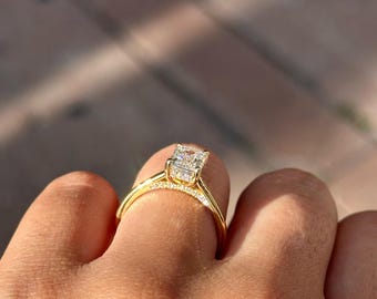14K Gold Emerald Cut Lab Grown Diamond Engagement Ring, IGI Certified Hidden Halo Ring, Wedding Promise Ring, Gift for Her