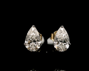 2 CT Pear Brilliant Lab Grown diamond Stud Earrings, 14k Yellow Gold Stud Earrings, 3-Prong Push Back Stud, Gift for mother, wife, daughter.