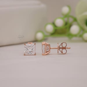 2CT Princess Brilliant Lab grown diamond  Stud earring, 14k Rose gold Stud Earrings, 4-Prong Push Back Stud, Gift for mother, wife, daughter