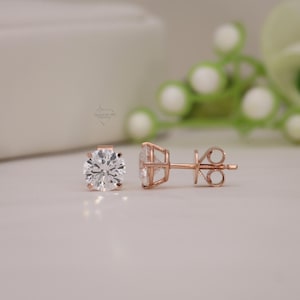 2 CT Round Brilliant Lab grown diamond  Stud earring, 14k Rose gold Stud Earrings, 4-Prong Push Back Stud, Gift for mother, wife, daughter.